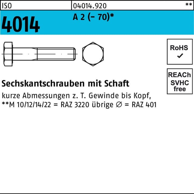 Sechskantschraube Iso 4014 M.schaft M 18 X 75 A 2 (- 70)