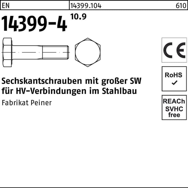 Peiner - En 14399-4 Sechskant-schaftschraube M16x65 Stahl 10.9 Blank