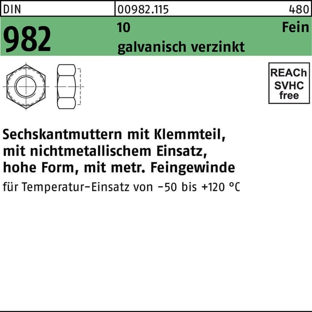 Selbstsichernde Sechskantmutter Din 982 M 14 X 1,5 Stahl Galvanisch Verzinkt 100 Stk