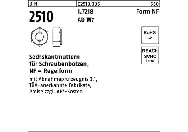 Sechskantmutter Din 2510 F.schraubenbolzen Nf M 20 1.7218