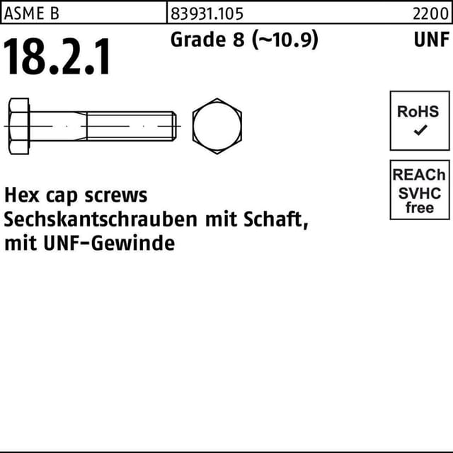 Asme B 18.2.1 Sechskantschraube Unf 7/16x1,27x3 1/2' Stahl 10.9 Blank' 50 Stk