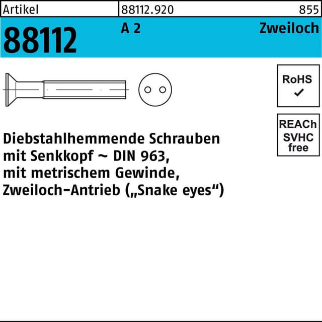 Schraube R 88112 Diebstahlhemmend Seko/zweiloch M 4 X 16 A 2