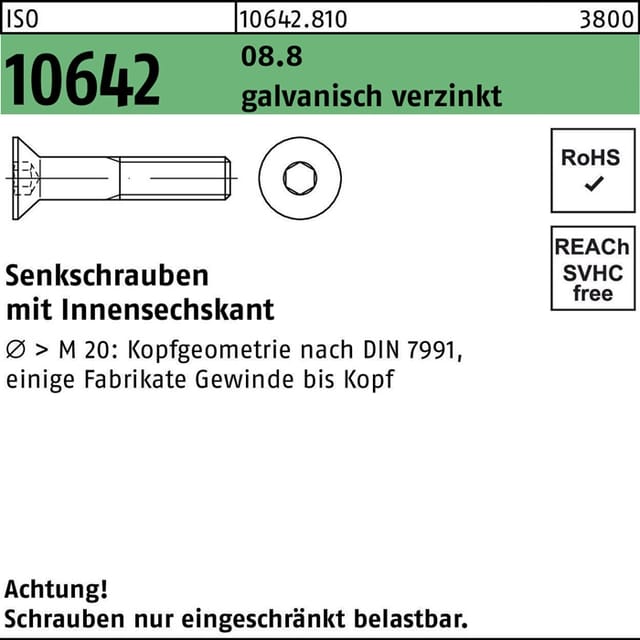 Din 7991/iso 10642 Senkschraube 8.8 Stahl M 12 X 45 Galvanisch Verzinkt Innensechskant 100 Stk