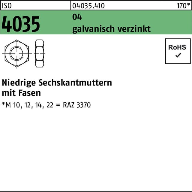 Sechskantmutter Iso 4035 M 6 X 1 Stahl Galvanisch Verzinkt 100 Stk