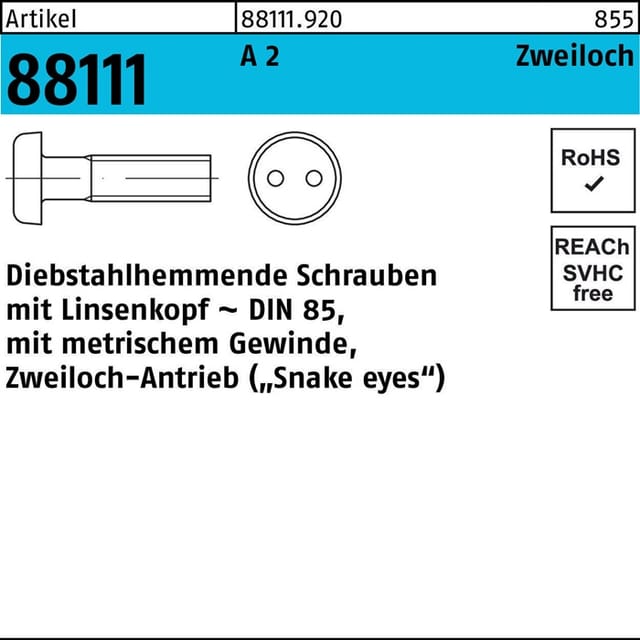 Schraube R 88111 Diebstahlhemmend Liko/zweiloch M 3 X 20 A 2