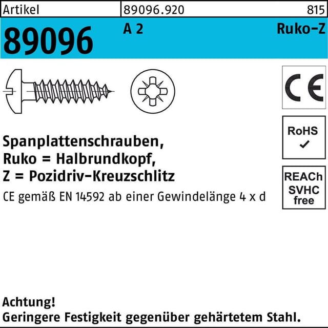 Spanplattenschraube R 89096 Hako Kreuzschlitz-pz 5 X 20 -z A 2