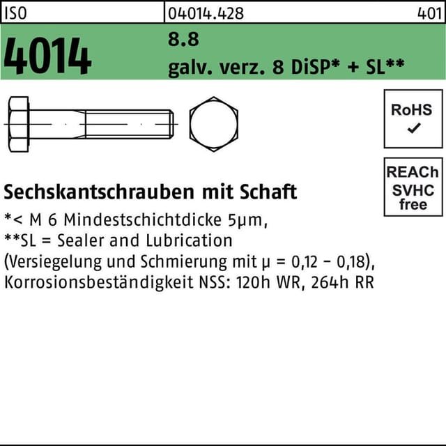 Sechskantschraube Iso 4014 M.schaft M 12 X 140 8.8 Galvanisch Verzinkt 8 Disp+sl