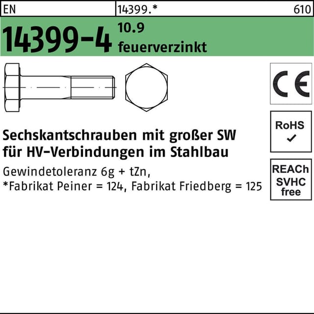 Peiner - En 14399-4 Sechskant-schaftschraube M16x65 Stahl 10.9 Feuerverzinkt