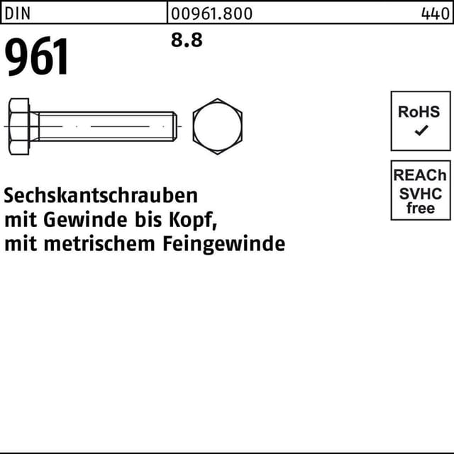 Din 961 Sechskantschraube Feingewinde Vg M12x60 Stahl 8.8 Blank 100 Stk