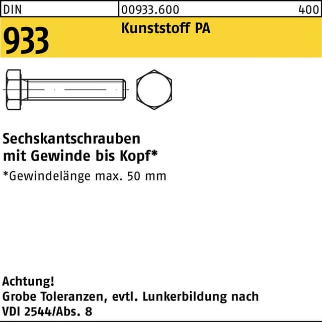 Din 933 Sechskantschraube Vg M10x50 Polyamid Blank 200 Stk
