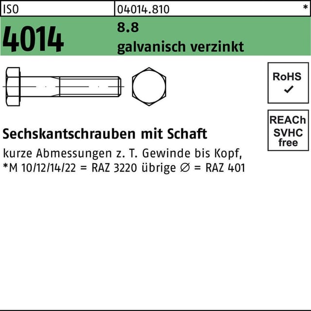 Sechskantschraube Iso 4014 M.schaft M 16 X 100 8.8 Galvanisch Verzinkt