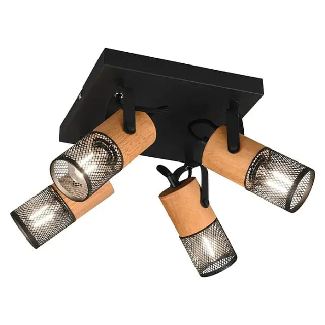 Trio - Deckenstrahler Tosh 4-flammig, Schwarz Mit Holz, Quadrat 22cm