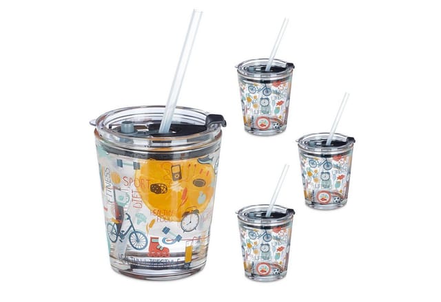 Glasbecher Mit Deckel & Strohhalm, 4er Set, Mit Sport-motiv, 350 Ml, Trinkgläser Für Kinder, Transparent - Relaxdays