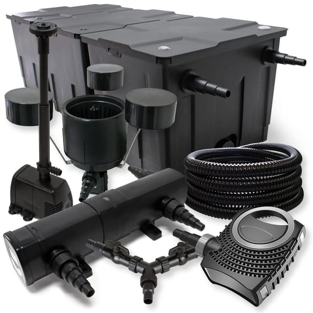 Sunsun Komplettset: Cbf-350c Teichfilter Bis 90000 L, Neo10000 Teichpumpe 10000l/h 80w, Cuv-224 Teichklärer 24w, 25m Schlauch 25mm, Csp-250 Skimmer 2500l/h, Hj-943 Springbrunnen 800l/h, Y-verteiler