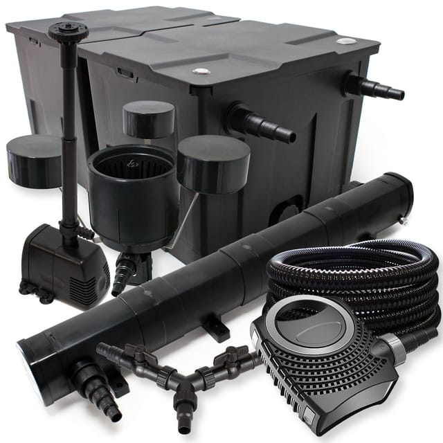 Sunsun Komplettset: Cbf-350b Teichfilter Bis 60000 L, Neo10000 Teichpumpe 10000l/h 80w, Cuv-272 Teichklärer 72w, 25m Schlauch 25mm, Csp-250 Skimmer 2500l/h, Hj-943 Springbrunnen 800l/h, Y-verteiler