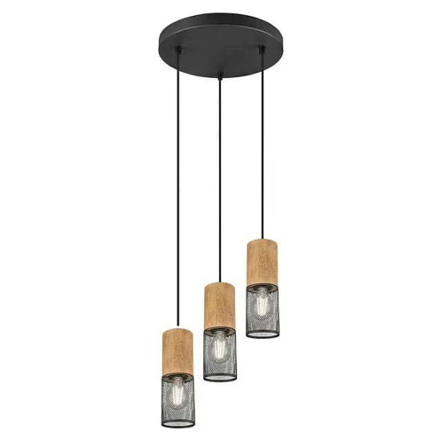 Trio - Pendellampe Tosh Draht Lampenschirme In Schwarz & Holzfassungen, Ø 28cm