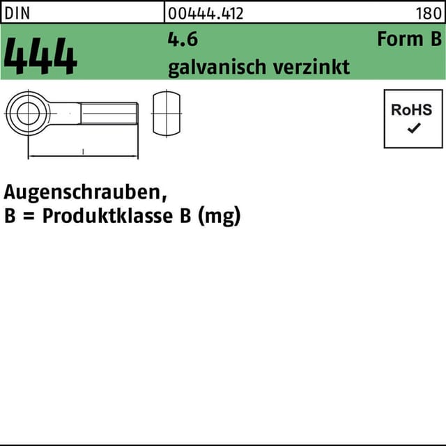 Din 444 Form B Augenschraube M8x80 Stahl 4.6 Galvanisch Verzinkt 25 Stk