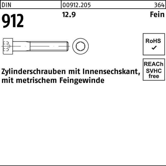 Din 912/iso 12474 Zylinderkopf-schaftschraube Feingewinde M12x80 Stahl 12.9 Blank Innensechskant 50 Stk