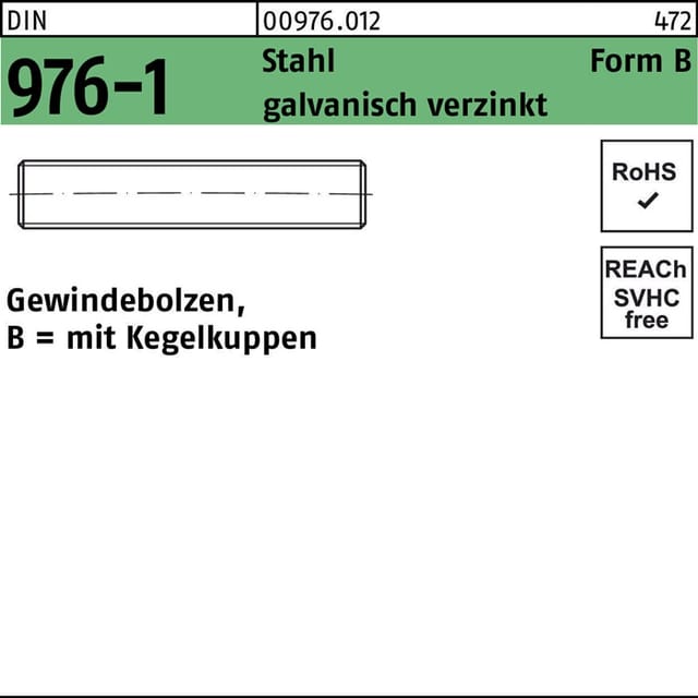 Din 976 Form B Gewindebolzen Vg M10x45 Stahl Galvanisch Verzinkt M. Kegelkuppe 100 Stk