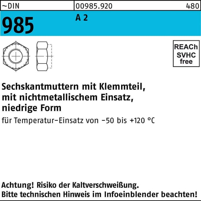 Selbstsichernde Sechskantmutter Din 985 M 14 X 2 Edelstahl A2 Blank 250 Stk