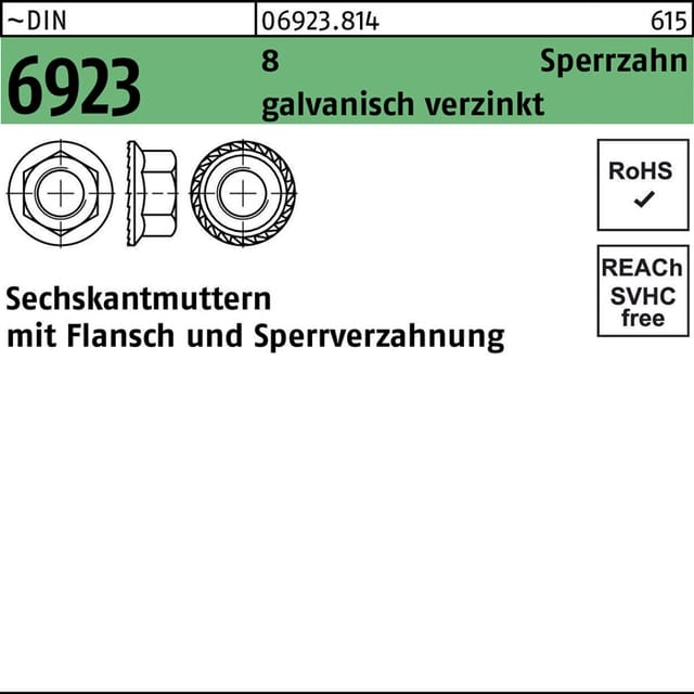 Sechskantmutter Din 6923 M.flansch/sperrverzahnung M 6 8 Galvanisch Verzinkt