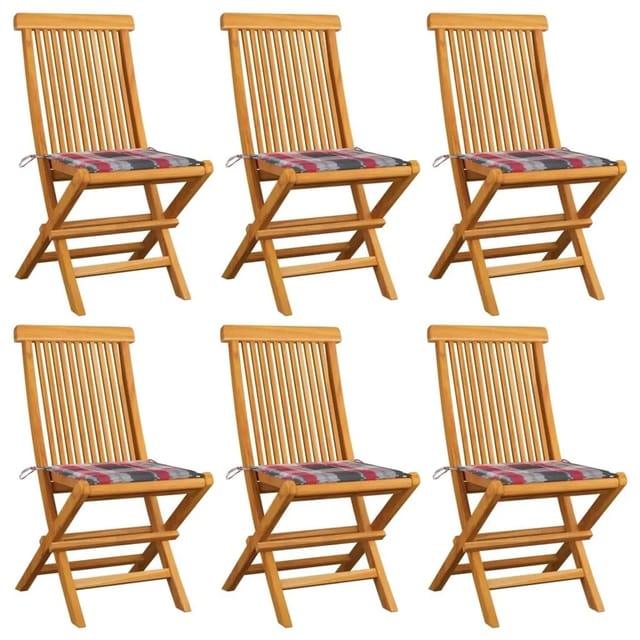 Gartenstühle Mit Kissen 6 Stk. Rot Karomuster Massivholz Teak Vidaxl