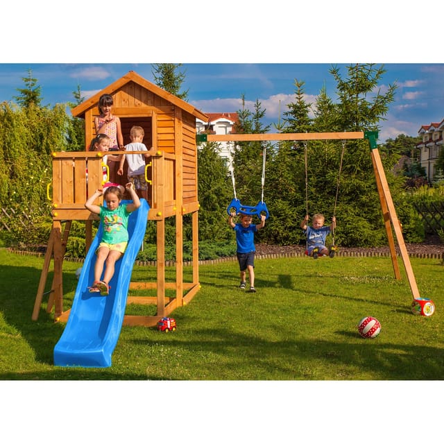 Fungoo - Spielturm 'my House Move+', Teak, Mit Rutsche, Doppelschaukel, Haus Mit Holzdach, Leiter, Griffe