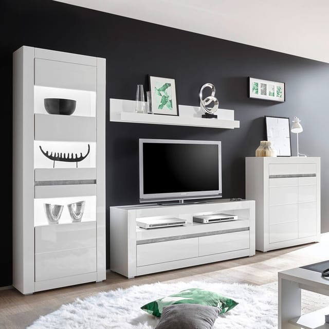 Wohnzimmer Wohnwand In Hochglanz Weiß Cogo-61 Inkl. Beleuchtung Und Mit Griffmulden In Betonoptik Bxhxt: 336x198x42cm