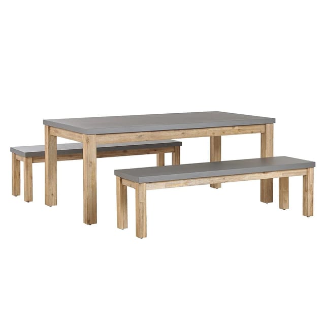 Gartenmöbel Set Tisch 2 Bänken Grau / Heller Holzfarbton Faserzement / Akazienholz Indoor & Outdoor Garten Schlafzimmer Wohnzimmer