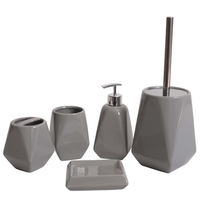 5-teiliges Badset Hhg-680, Wc-garnitur Badezimmerset Badaccessoires, Keramik Grau