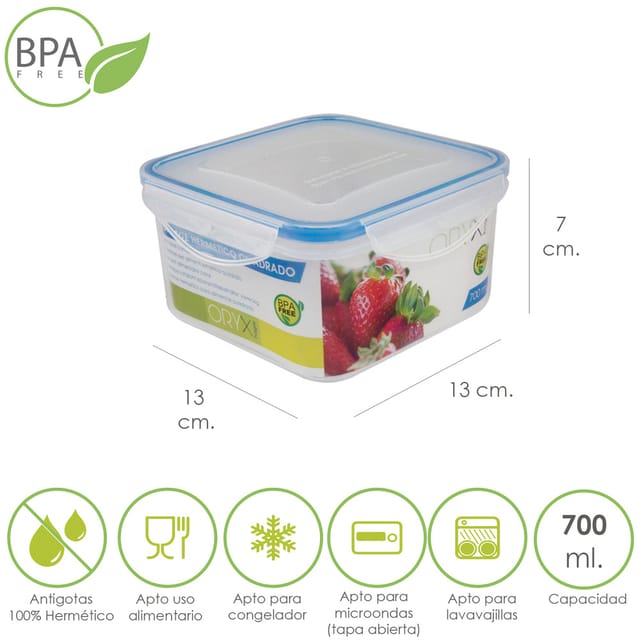 Quadratischer Hermetischer Kunststoffbehälter 700 Ml. 13 X 13 X 7 (h) Cm.
