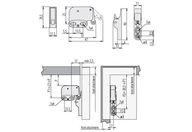 5er Pack - Federschnäpper Mini Latch Inkl. Halteplatte