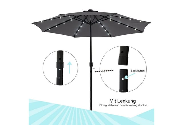 Sonnenschutz Led Beleuchtung Strandschirm Beige Ø3m Sonnenschirm Gartenschirm Ampelschirm Kurbelschirm Balkonschirm Marktschirm Uv-schutz
