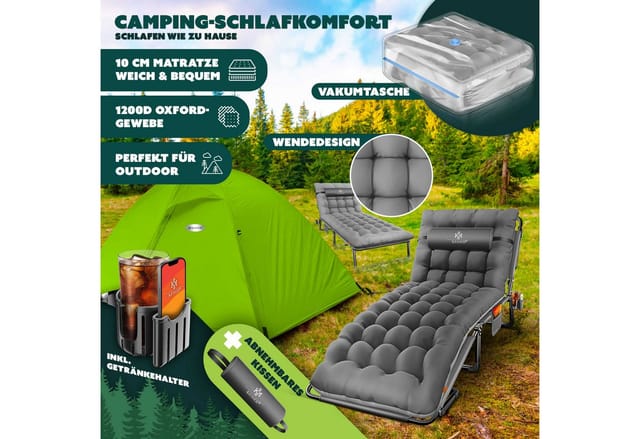 KESSER® Campingbett klappbar mit Tragetasche, Nackenkissen, Vakuumtasche & Getränkehalter, 190 x 68 x 30 cm bis 250 kg belastbar, aus Oxford-Gewebe und stabilem Stahlgerüst, ideal für Garten Camping