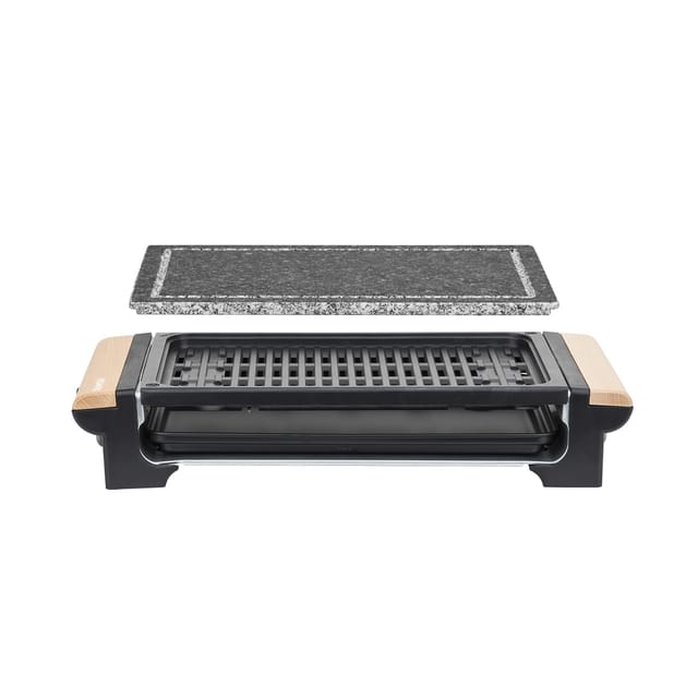H.Koenig RP320 Barbecue Elektro-Tischgrill / Marmor-Grillplatte / Grillrost / 1300 W / Holzgriffe / Schwarz