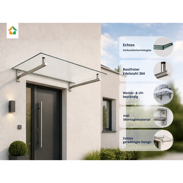 Edelstahl Vordach 140x80 cm mit 8,76 mm VSG Sicherheitsglas