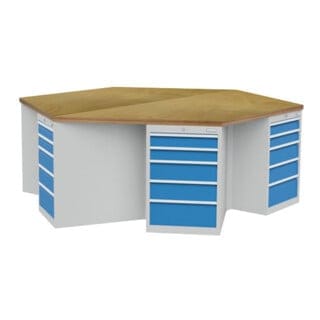 Bedrunka+Hirth 6-Eck-Werkbank Tiefe 736 R 18-24 Schubladen 5 je Schrank