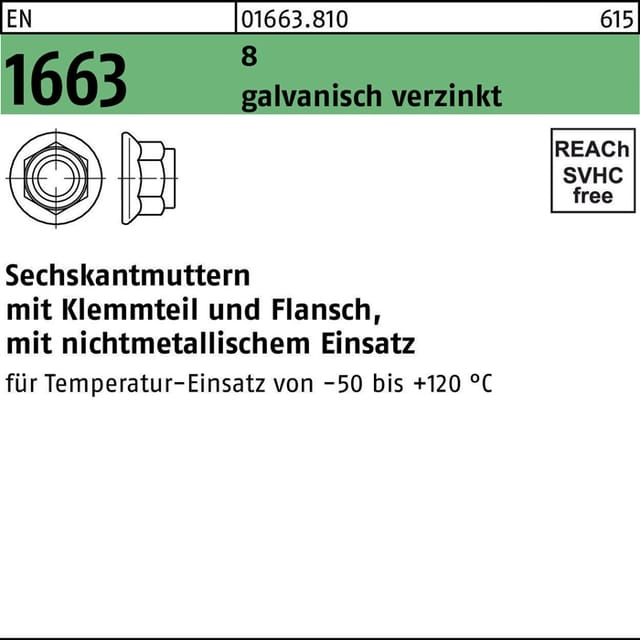 Sechskantmutter En 1663 M.klemmteil/flansch M 12 8 Galvanisch Verzinkt
