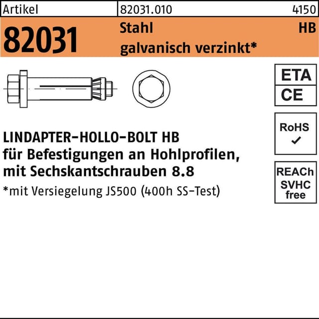Lindapter - Hohlraumdübel R 82031 M.6-kantschraube Hb 12-1 ( 60/25) 8.8 Galvanisch Verzinkt