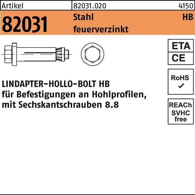 Lindapter - Hohlraumdübel R 82031 M.6-kantschraube Hb 10-1 ( 55/22) 8.8 Feuerverzinkt