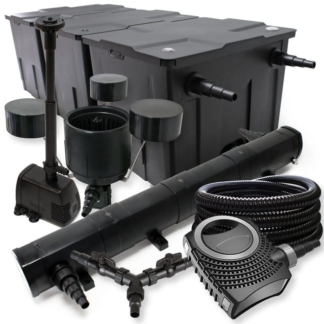Sunsun Komplettset: Cbf-350c Teichfilter Bis 90000l, Ctf-8000 Teichpumpe 8000l/h 70w, Cuv-272 Teichklärer 72w, 25m Teichschlauch 25mm, Csp-250 Skimmer 2500l/h, Hj-943 Springbrunnen 800l/h, Y-verteiler