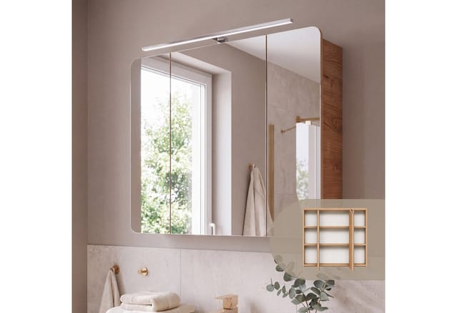 Lomadox - Badezimmer Set 7-tlg In Hochglanz Weiß Mit Wotan Eiche Nb. Luton-56 Mit Led-spiegelschrank, B/h/t Ca. 180/200/46 Cm