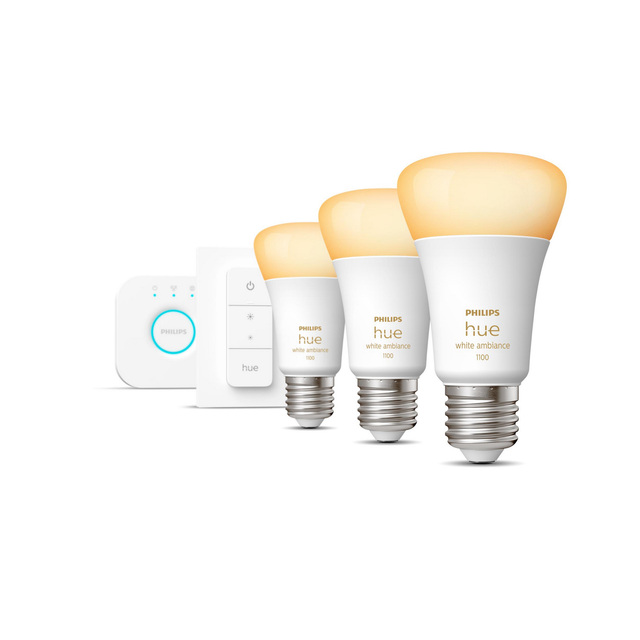 Philips Hue - Starter Kit 3 Glühbirnen E27 8w Weiss Ambiance + Brücke + Dimmschalter 929002468403 29123200