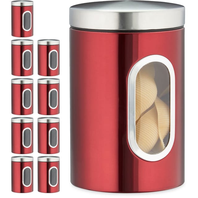 10 X Vorratsdose, 1,4 L, Mit Deckel Und Sichtfenster, Für Kaffee, Mehl, Pasta, Aufbewahrungsdose Küche, Metall, Rot