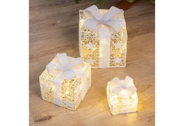Led Geschenkboxen Mit Timer 3er Set - Weiß - Weihnachts Deko Boxen Warm Weiß Beleuchtet Batterie Betrieben Mit Timer