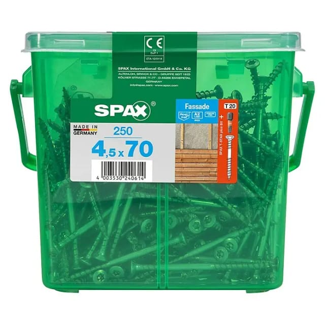 Spax - Fassadenschraube, 4,5 X 70 Mm, 250 Stück, Fixiergewinde, Linsensenkkopf, T-star Plus T20, 4cut - 4547000450709