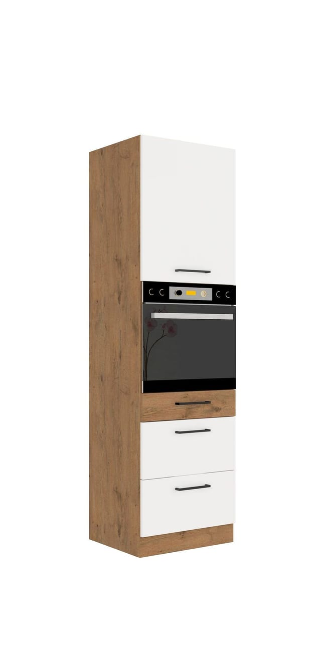 Küchen Preisbombe - Vigo Hochschrank 60 Eiche Lancelot Weiß Hochglanz Küchenzeile Küchenblock Küche