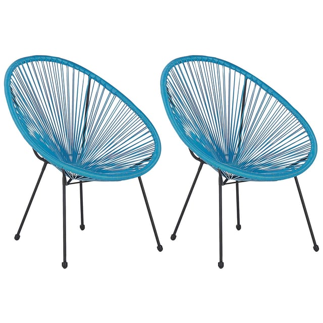 Gartenstuhl 2er Set Blau Polyrattan Spaghetti-optik Modern Mexikanischer Stil Outdoor Balkon Terrasse Garten Möbel