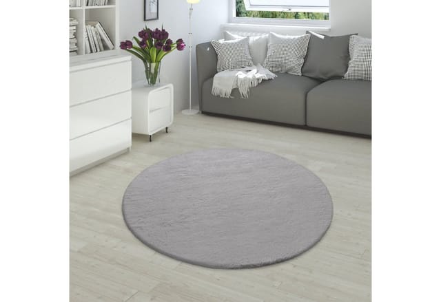 Paco Home - Hochflor Teppich Für Wohnzimmer Softes Kaninchenfell Imitat Kunstfell In Grau Ø 200 Cm Rund