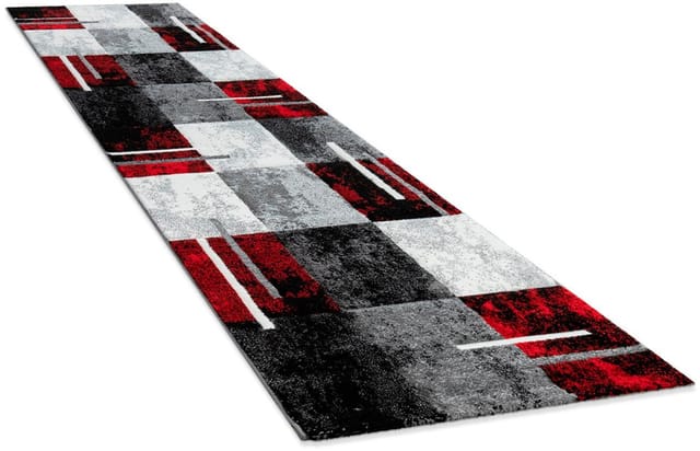 Designer Teppich Modern Mit Konturenschnitt Karo Muster Grau Schwarz Rot 80x300 Cm - Paco Home